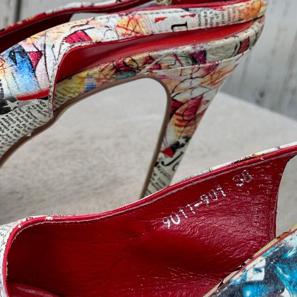 Newsprint Platform Peep Toe Womens Heels Red Retro Slingbacks Size 38 EU - Picture 7 of 15